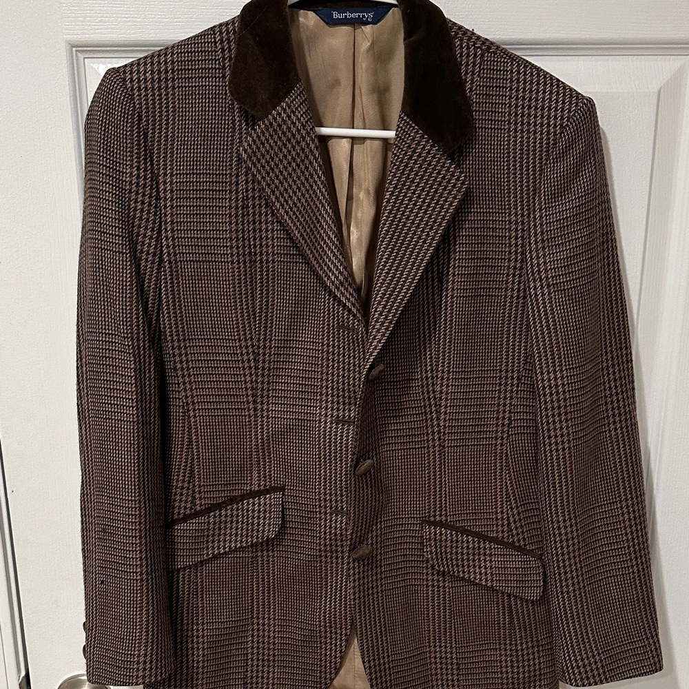 Burberry Brown Plaid Blazer with Velvet Collar
